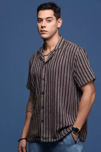 men's cuban collar striped brown relaxed fit shirt