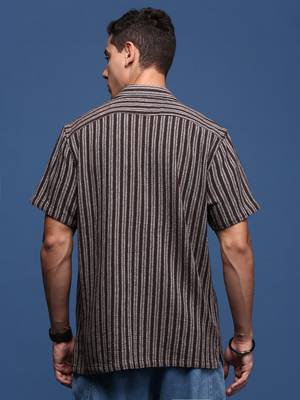 men's cuban collar striped brown relaxed fit shirt 4