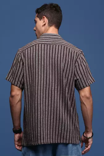 men's cuban collar striped brown relaxed fit shirt