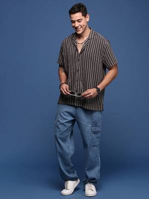 men's cuban collar striped brown relaxed fit shirt 5
