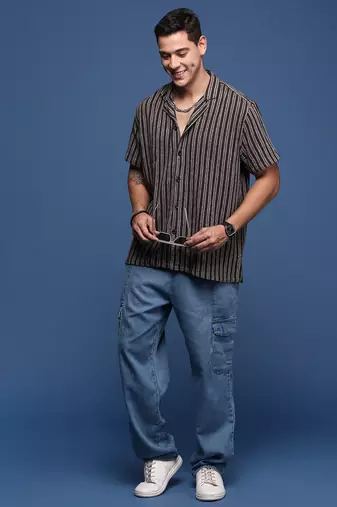 men's cuban collar striped brown relaxed fit shirt
