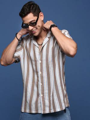 men's cuban collar striped brown relaxed fit shirt 1
