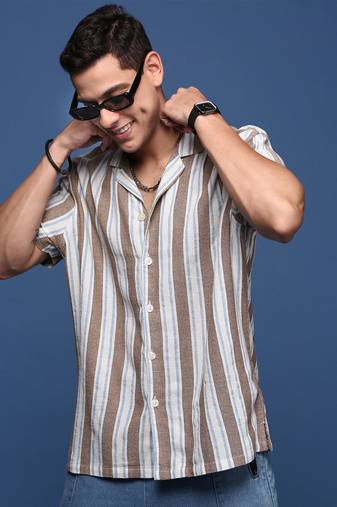 men's cuban collar striped brown relaxed fit shirt