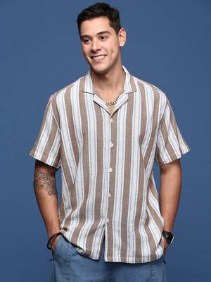 men's cuban collar striped brown relaxed fit shirt 2