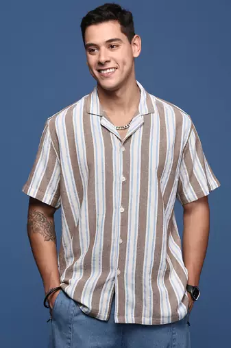 men's cuban collar striped brown relaxed fit shirt