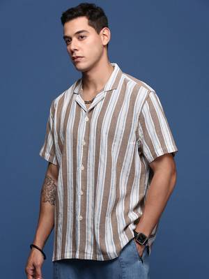 men's cuban collar striped brown relaxed fit shirt 3