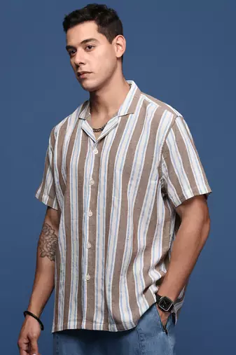 men's cuban collar striped brown relaxed fit shirt