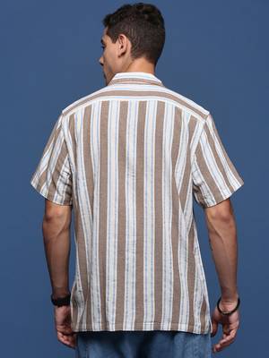 men's cuban collar striped brown relaxed fit shirt 4