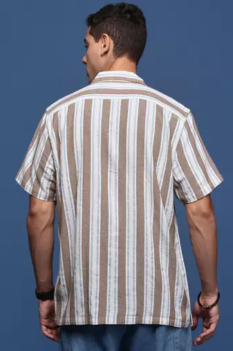 men's cuban collar striped brown relaxed fit shirt