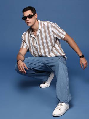 men's cuban collar striped brown relaxed fit shirt 5