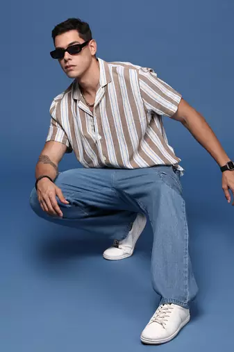 men's cuban collar striped brown relaxed fit shirt