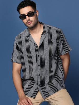 men's cuban collar striped grey relaxed fit shirt 1