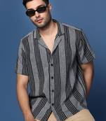men's cuban collar striped grey relaxed fit shirt