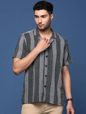 men's cuban collar striped grey relaxed fit shirt 2