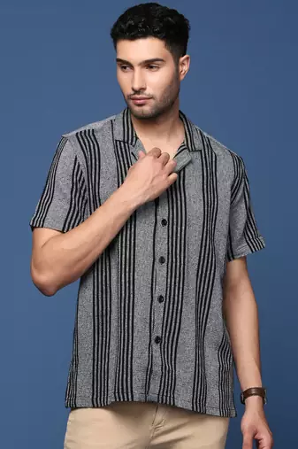 men's cuban collar striped grey relaxed fit shirt