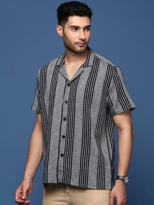 men's cuban collar striped grey relaxed fit shirt 3