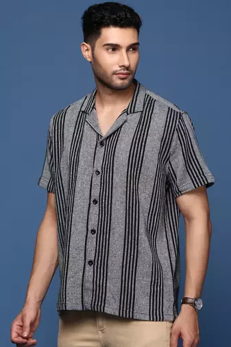 men's cuban collar striped grey relaxed fit shirt
