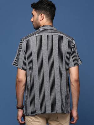 men's cuban collar striped grey relaxed fit shirt 4