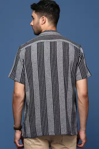 men's cuban collar striped grey relaxed fit shirt