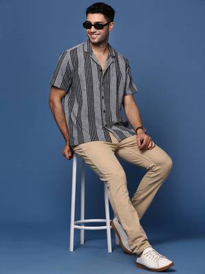 men's cuban collar striped grey relaxed fit shirt 5