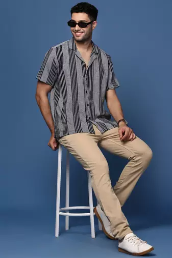 men's cuban collar striped grey relaxed fit shirt