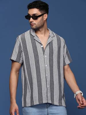 men's cuban collar striped black relaxed fit shirt 1