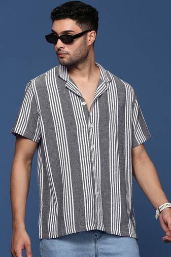 men's cuban collar striped black relaxed fit shirt