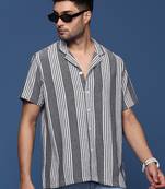 men's cuban collar striped black relaxed fit shirt