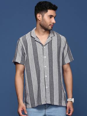 men's cuban collar striped black relaxed fit shirt 2