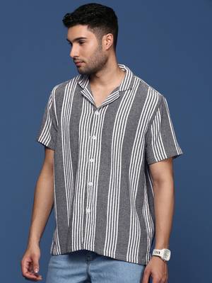 men's cuban collar striped black relaxed fit shirt 3