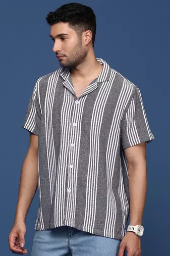 men's cuban collar striped black relaxed fit shirt