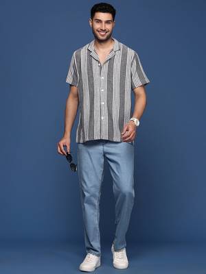 men's cuban collar striped black relaxed fit shirt 5