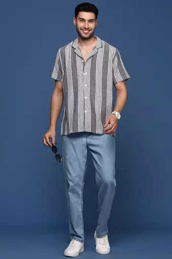 men's cuban collar striped black relaxed fit shirt