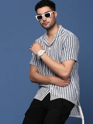 men's cuban collar striped white relaxed fit shirt 1