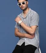 men's cuban collar striped white relaxed fit shirt