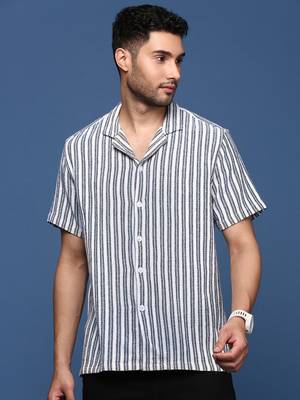 men's cuban collar striped white relaxed fit shirt 2