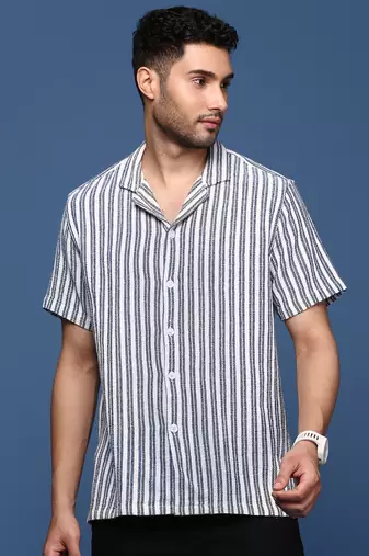 men's cuban collar striped white relaxed fit shirt