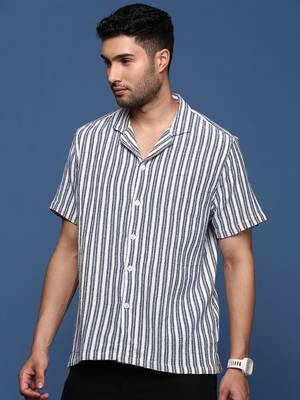 men's cuban collar striped white relaxed fit shirt 3