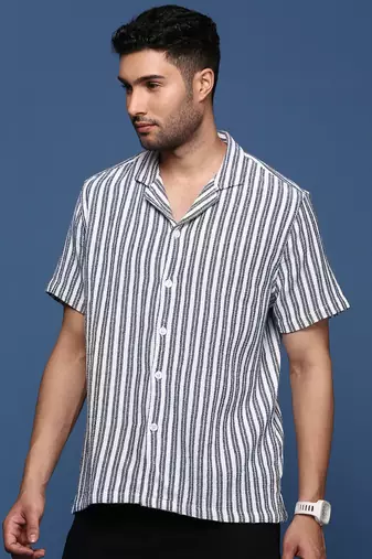 men's cuban collar striped white relaxed fit shirt