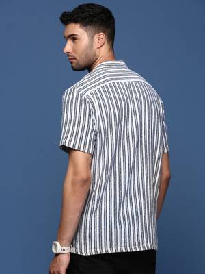 men's cuban collar striped white relaxed fit shirt 4