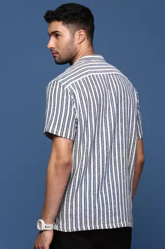 men's cuban collar striped white relaxed fit shirt