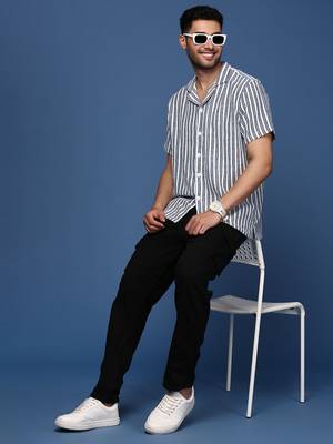 men's cuban collar striped white relaxed fit shirt 5