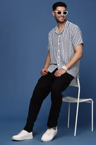 men's cuban collar striped white relaxed fit shirt