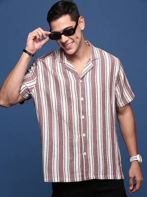 men's cuban collar striped purple relaxed fit shirt 1