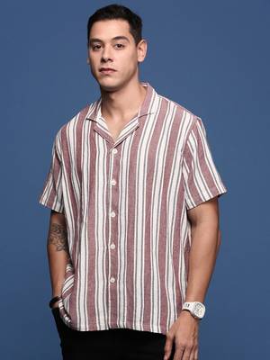 men's cuban collar striped purple relaxed fit shirt 2