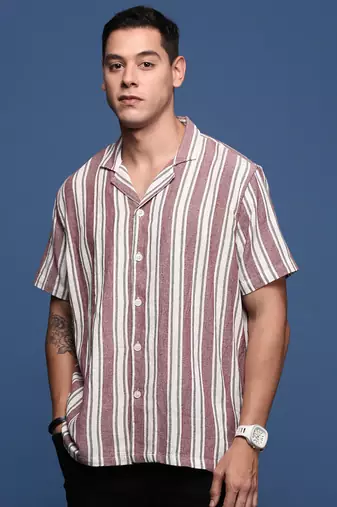 men's cuban collar striped purple relaxed fit shirt