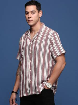 men's cuban collar striped purple relaxed fit shirt 3