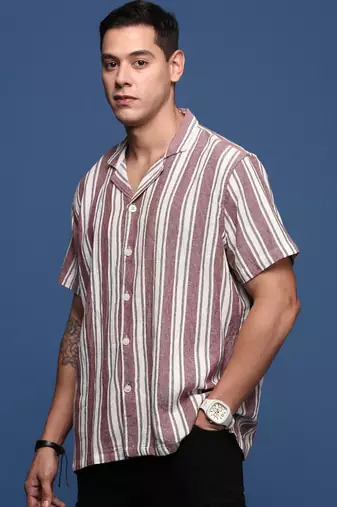 men's cuban collar striped purple relaxed fit shirt