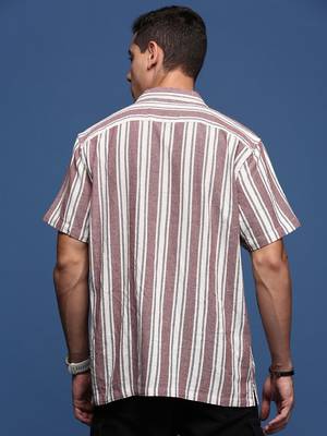 men's cuban collar striped purple relaxed fit shirt 4