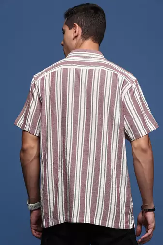 men's cuban collar striped purple relaxed fit shirt